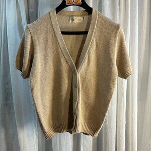 Winona Knits Women’s Short Sleeve L Cardigan Sweater Beige V-Neck Button Vintage